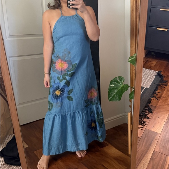 Anthropologie X Pilcro Halter Embroidered Denim Midi Dress. Size XXS/ size 4 - Picture 10 of 12